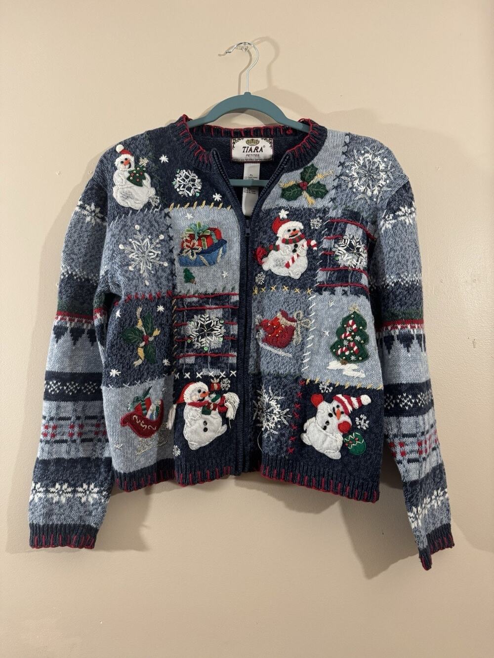 VTG Tiara International Blue Full Zip Snowman Bling Ugly Christmas Sweater Sz PL